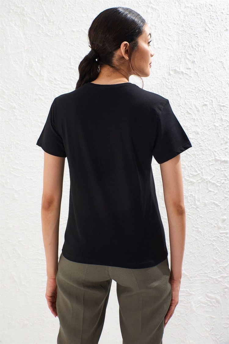 Siyah Bisiklet Yaka Baskılı Kısa Kol Pamuk T-ShirtST050S7112201