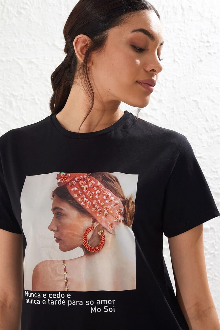Siyah Bisiklet Yaka Baskılı Kısa Kol Pamuk T-ShirtST050S7112201