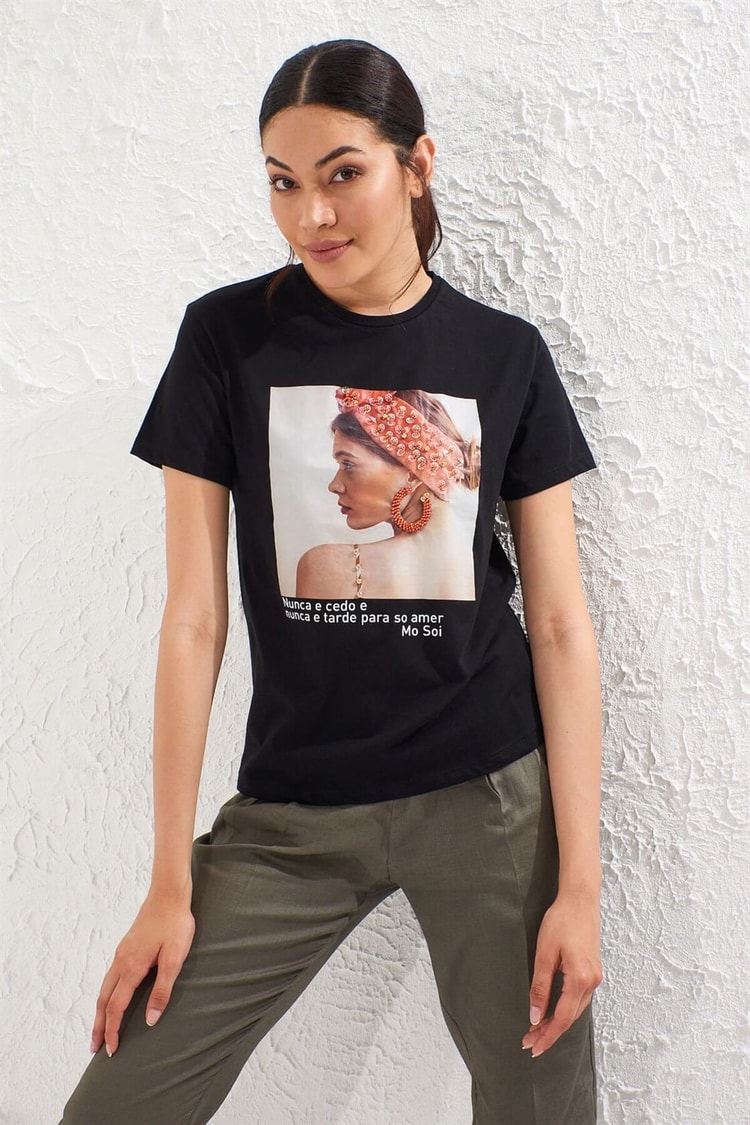 Siyah Bisiklet Yaka Baskılı Kısa Kol Pamuk T-ShirtST050S7112201