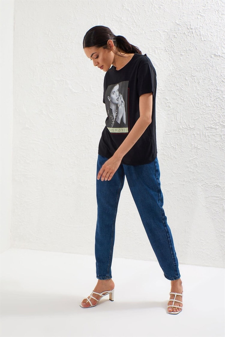 Siyah Bisiklet Yaka Baskılı Kısa Kol T-ShirtST050S7112807