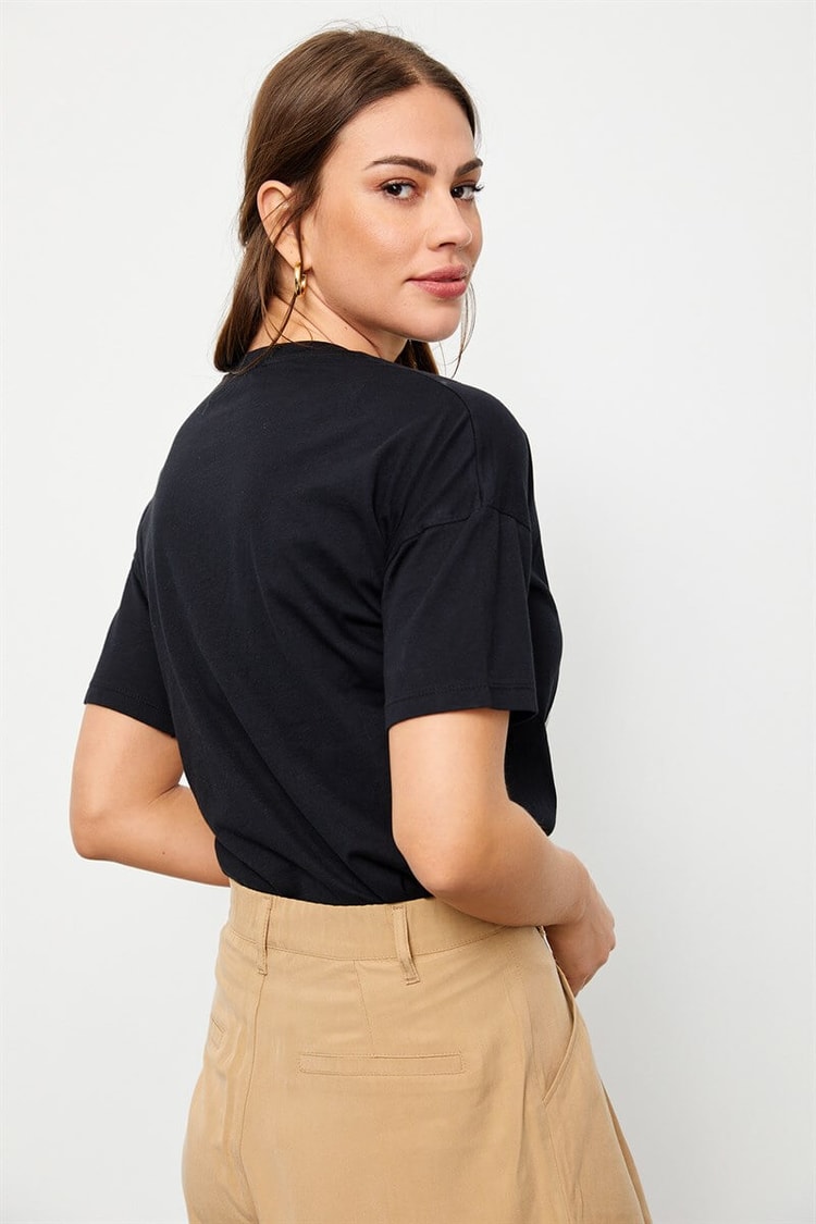 Siyah Bisiklet Yaka Baskılı Pamuk T-ShirtST060S71160002