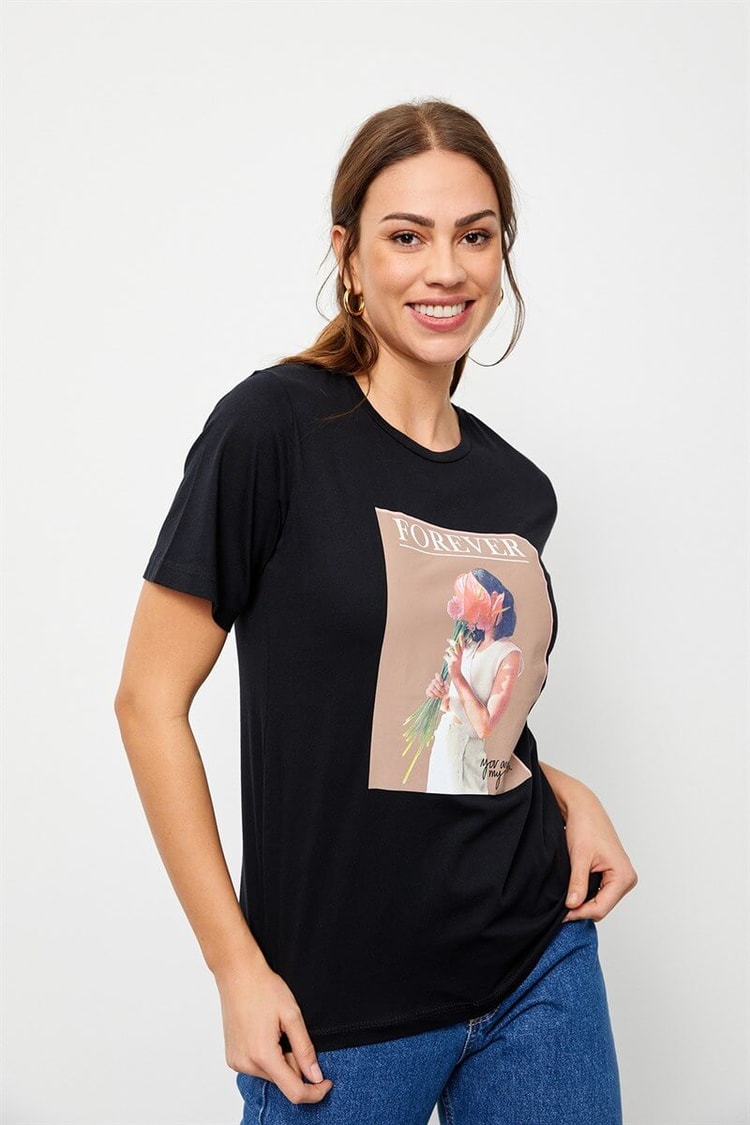 Siyah Bisiklet Yaka Baskılı Pamuk T-ShirtST060S71160013