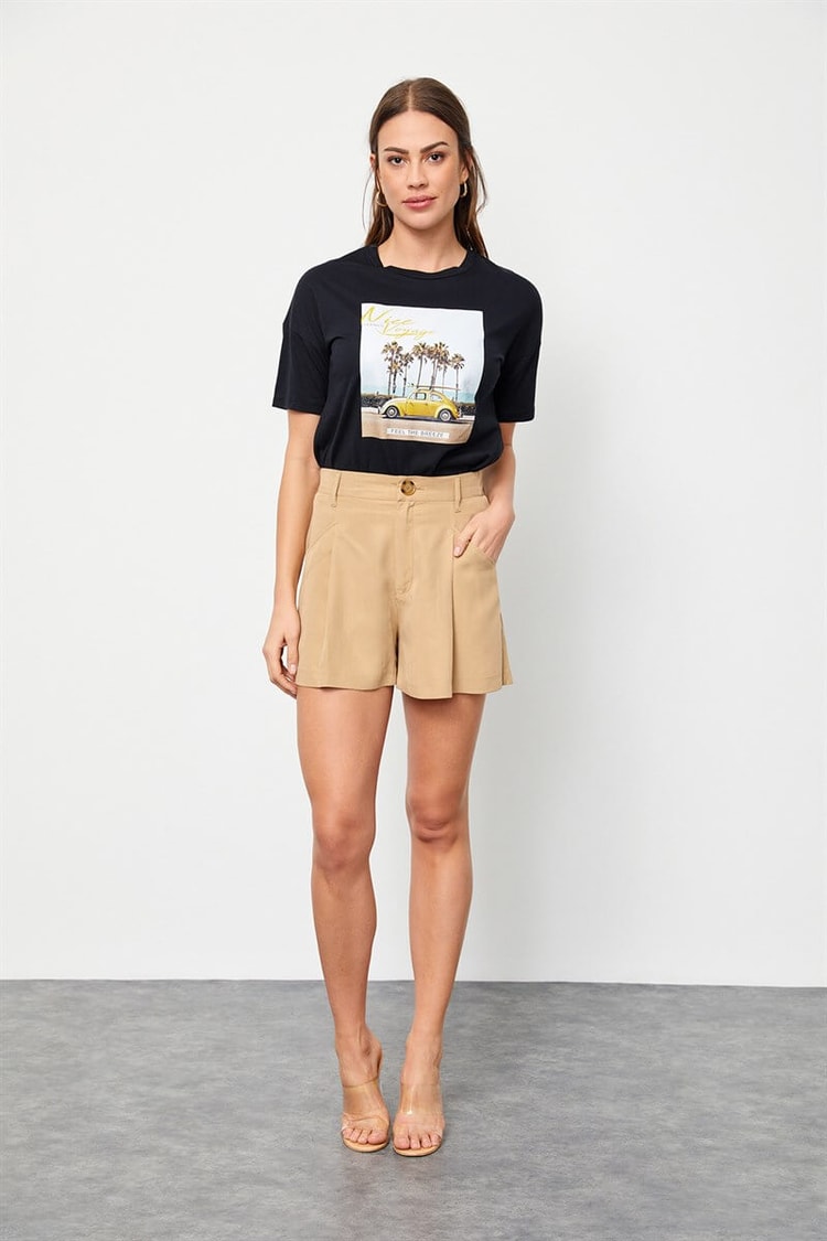 Siyah Bisiklet Yaka Baskılı Pamuk T-ShirtST060S71160002