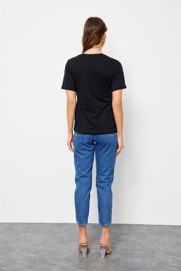 Siyah Bisiklet Yaka Baskılı Pamuk T-ShirtST060S71160013