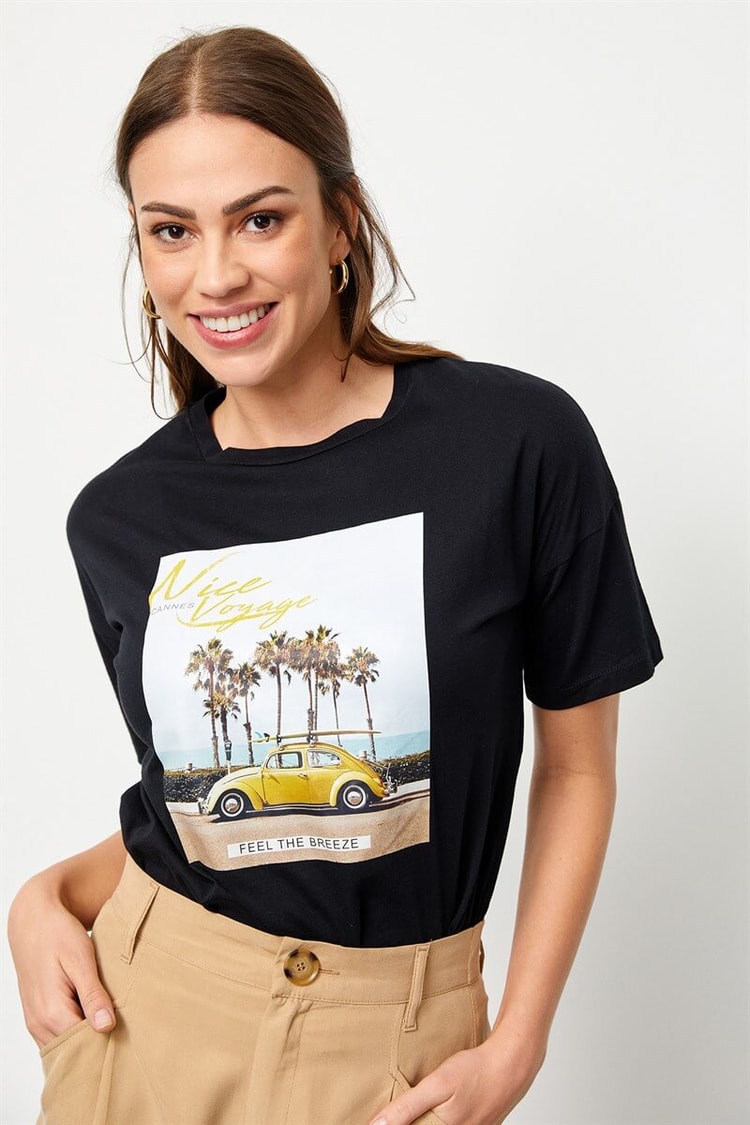 Siyah Bisiklet Yaka Baskılı Pamuk T-ShirtST060S71160002