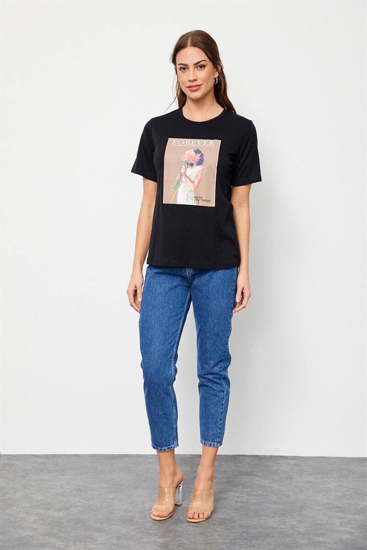 Siyah Bisiklet Yaka Baskılı Pamuk T-ShirtST060S71160013