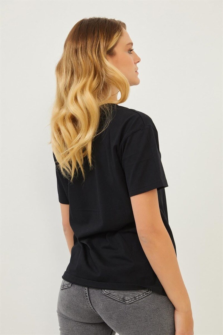 Siyah Bisiklet Yaka Baskılı T-ShirtST070S71283002