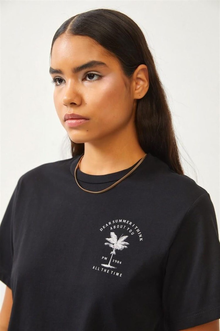 Siyah Bisiklet Yaka Baskılı T-ShirtST060S71270001