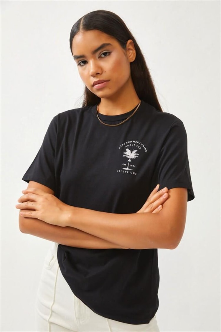 Siyah Bisiklet Yaka Baskılı T-ShirtST060S71270001