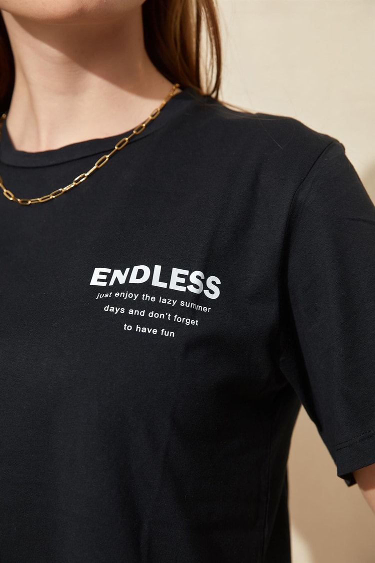 Siyah Bisiklet Yaka Baskılı T-ShirtST060S71251001
