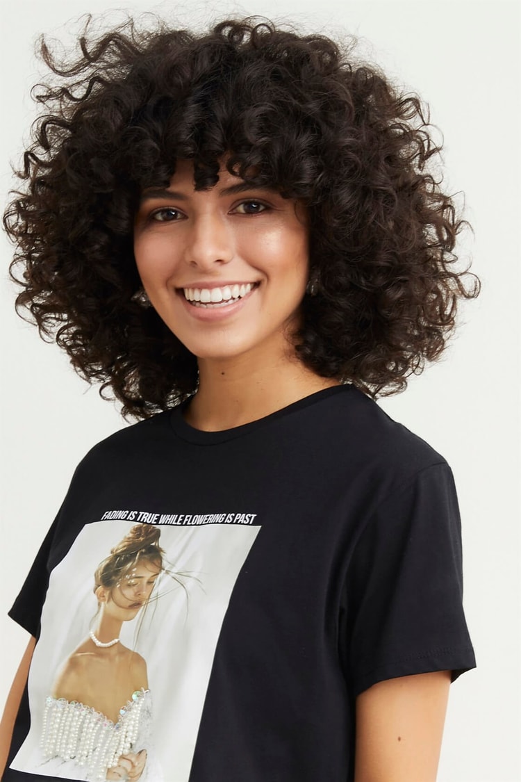 Siyah Bisiklet Yaka Kısa Kol Baskılı Pamuk T-ShirtST050S7115101