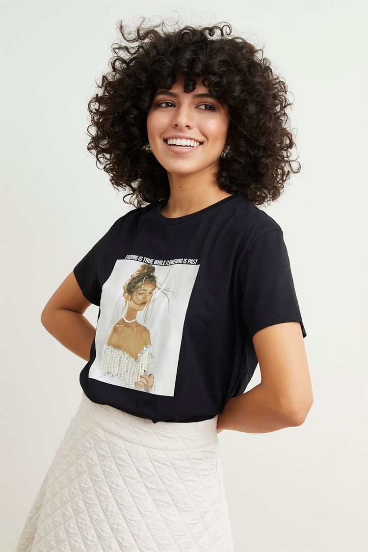 Siyah Bisiklet Yaka Kısa Kol Baskılı Pamuk T-ShirtST050S7115101