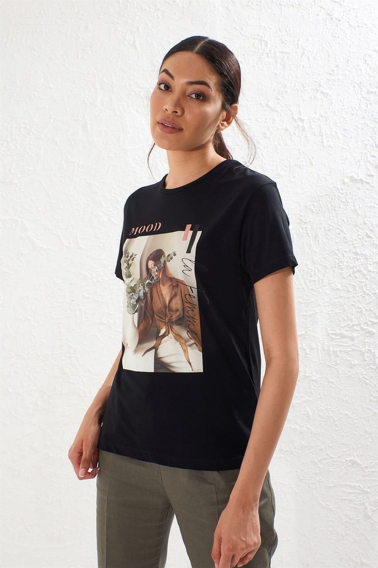 Siyah Bisiklet Yaka Kısa Kol Baskılı Pamuk T-ShirtST050S7115001