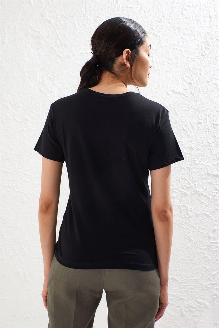 Siyah Bisiklet Yaka Kısa Kol Baskılı Pamuk T-ShirtST050S7115001