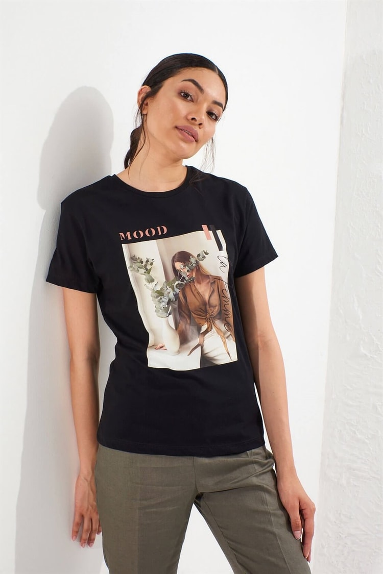 Siyah Bisiklet Yaka Kısa Kol Baskılı Pamuk T-ShirtST050S7115001