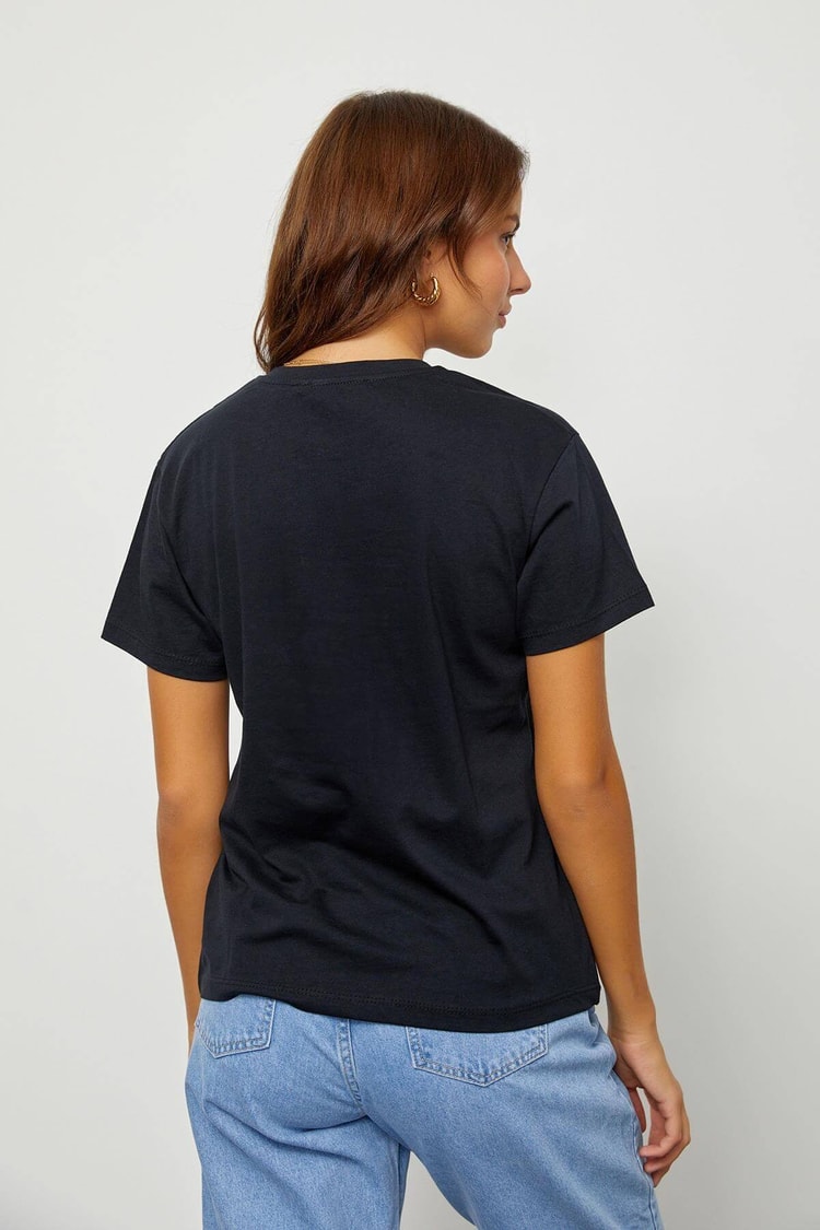 Siyah Bisiklet Yaka Kısa Kol Basklı T-ShirtST060S71175001