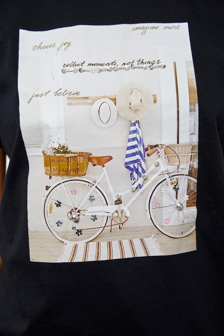 Siyah Bisiklet Yaka Kısa Kol Basklı T-ShirtST060S71175001