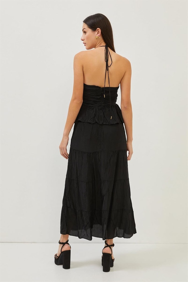 Siyah Boyundan Bağlamalı Drape Detaylı Fırfırlı ElbiseST070S40155901
