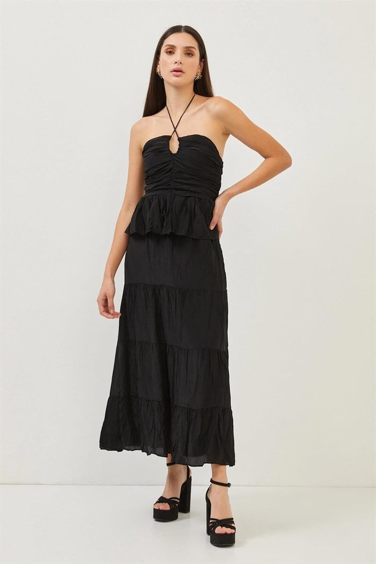 Siyah Boyundan Bağlamalı Drape Detaylı Fırfırlı ElbiseST070S40155901