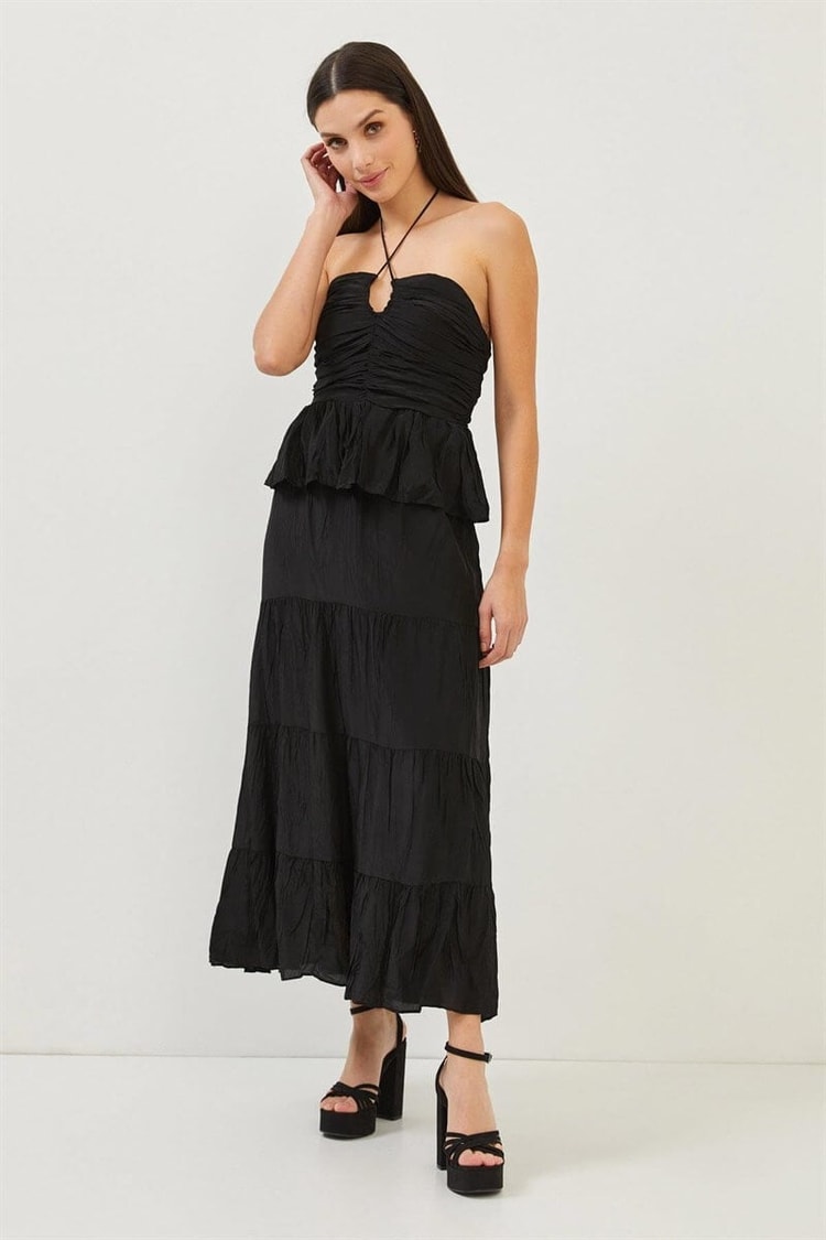 Siyah Boyundan Bağlamalı Drape Detaylı Fırfırlı ElbiseST070S40155901