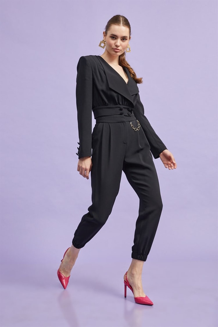 Siyah Crop Ceket Zincirli Pantolon TakımST060W90247002