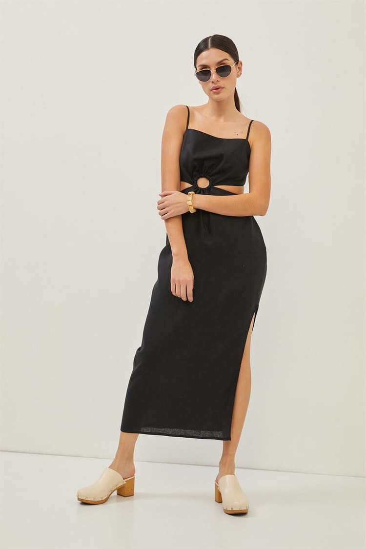Siyah Cut Out Detaylı İnce Askılı Midi Boy ElbiseST070S40160901