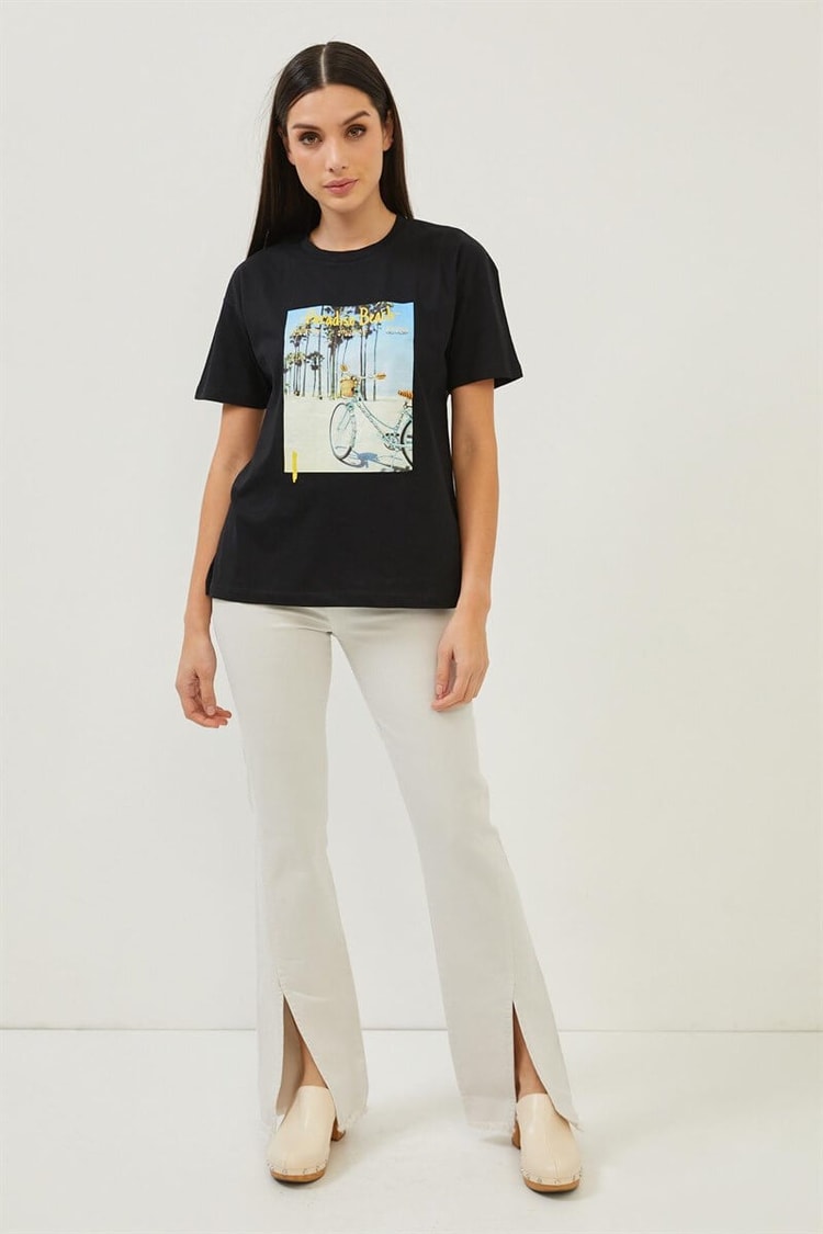 Siyah Dijital Baskı Detaylı Bisiklet Yaka T-ShirtST070S71287001
