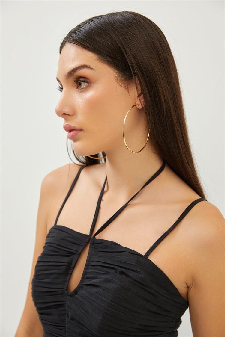 Siyah Drape Detaylı Maxi Boy ElbiseST070S28193001