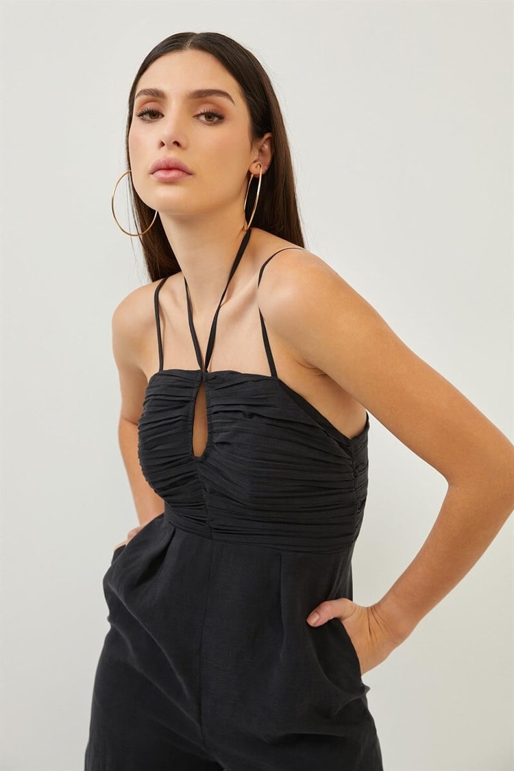 Siyah Drape Detaylı Maxi Boy ElbiseST070S28193001