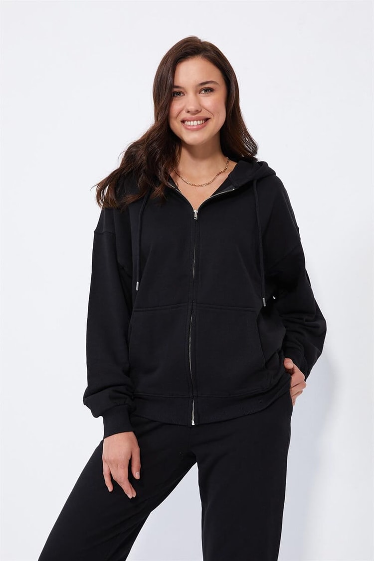 Siyah Fermuarlı Sweatshirt Eşofman TakımıST060W82163001