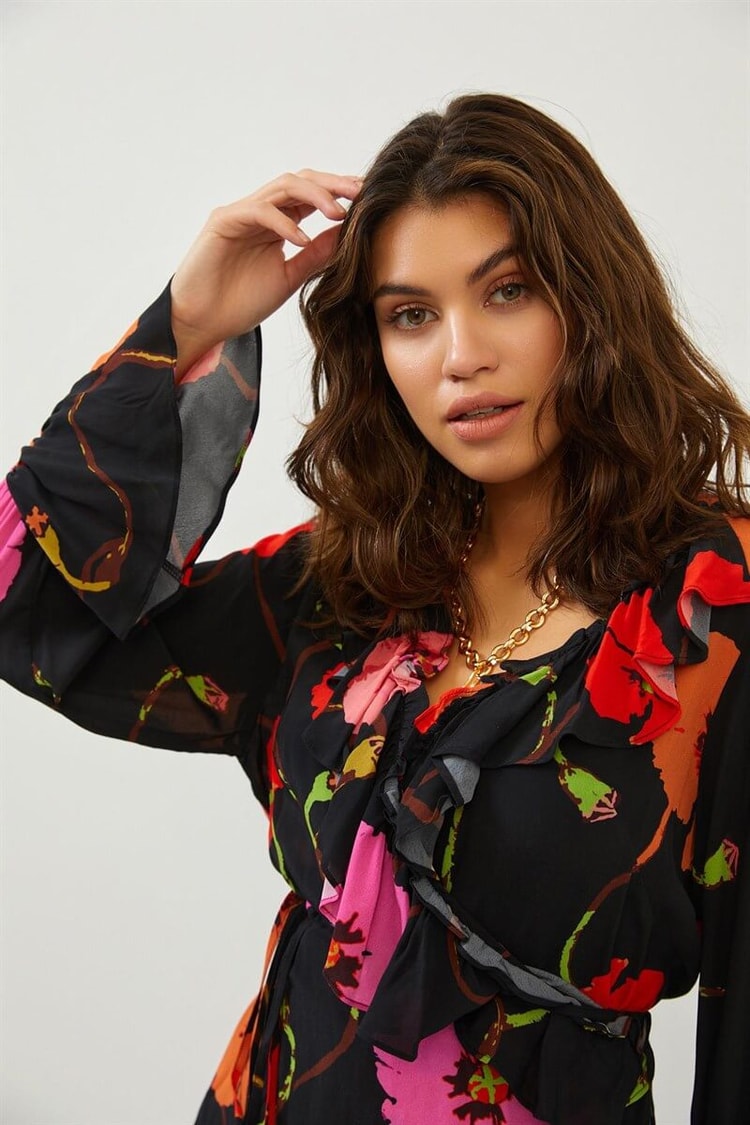Siyah Floral Desen Anvelop BluzST060S30676001