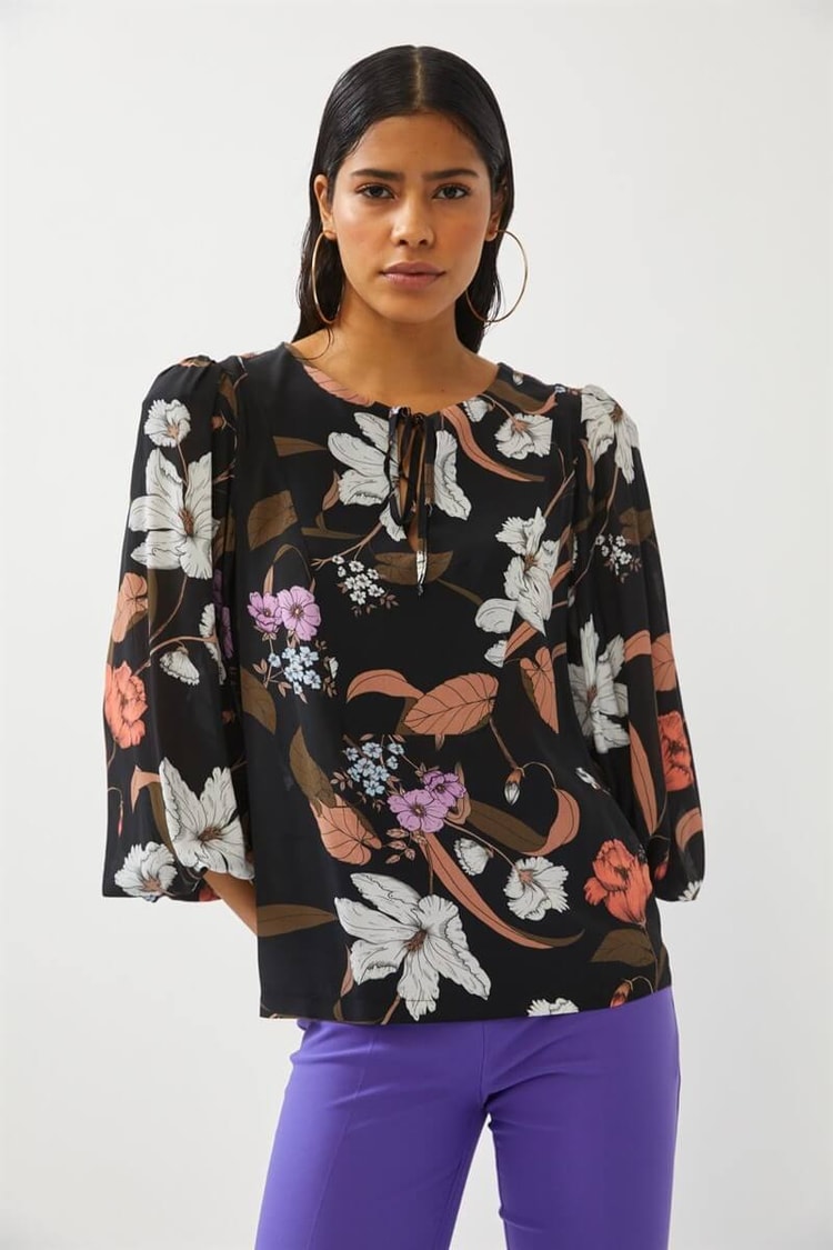 Siyah Floral Desen Uzun Kol BluzST060W30663001