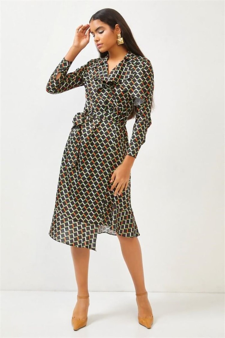 Siyah Geometrik Desen Midi ElbiseST060S40138501
