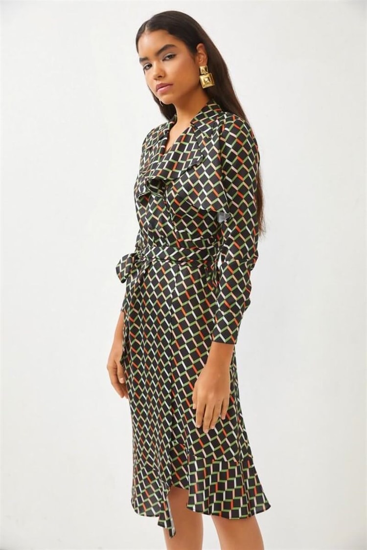 Siyah Geometrik Desen Midi ElbiseST060S40138501