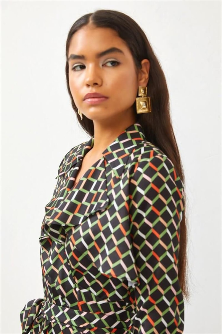 Siyah Geometrik Desen Midi ElbiseST060S40138501