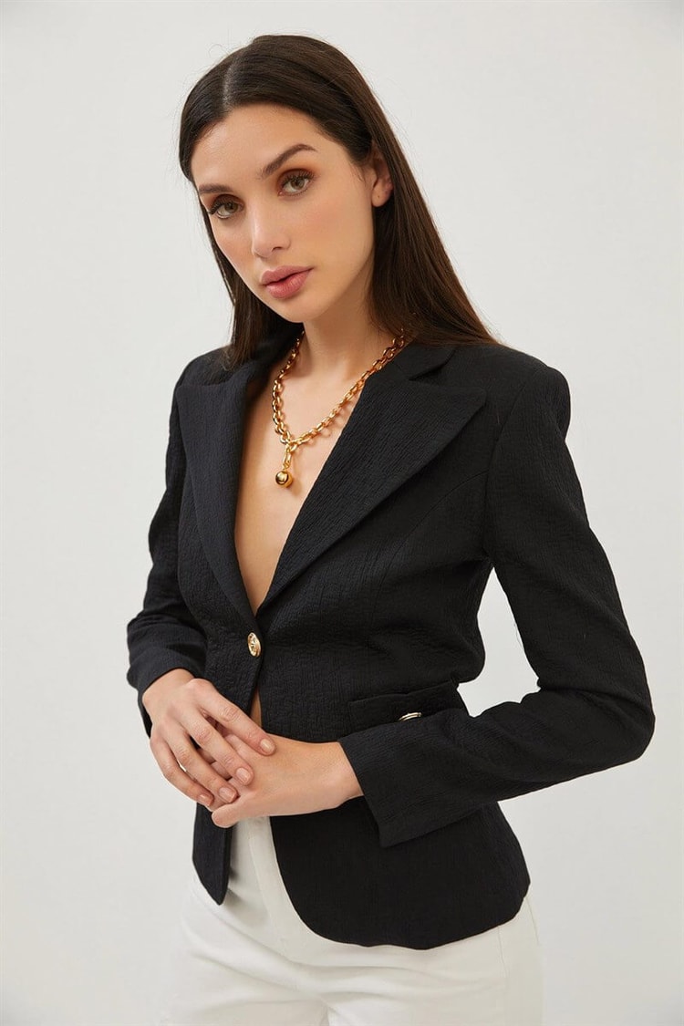 Siyah Gold Düğme Detaylı Tek Düğmeli Kruvaze Blazer CeketST070S90379001