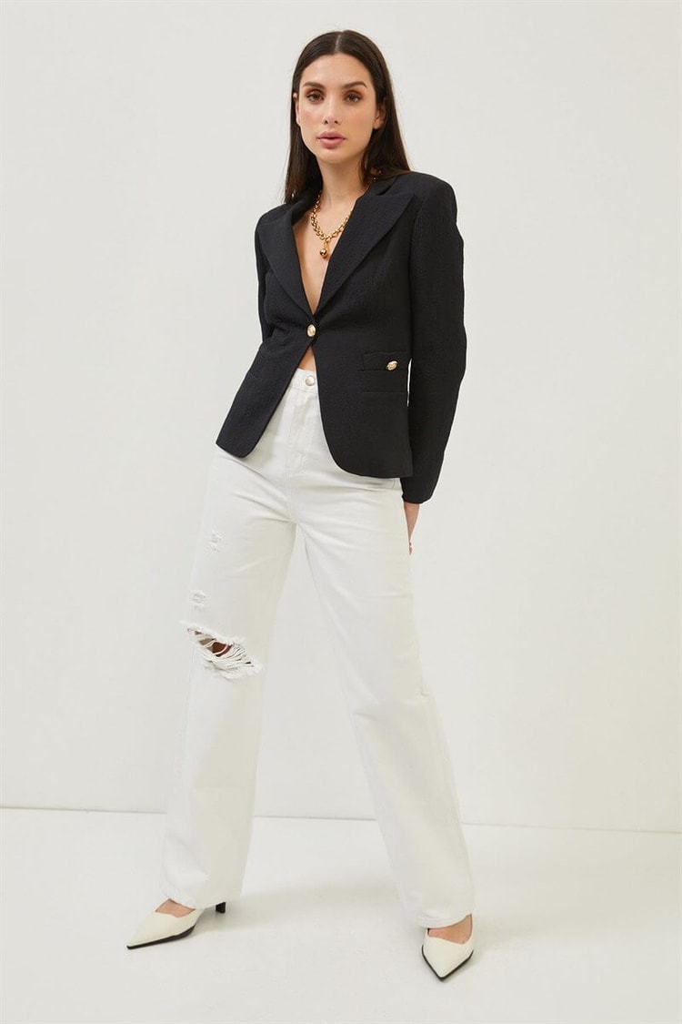 Siyah Gold Düğme Detaylı Tek Düğmeli Kruvaze Blazer CeketST070S90379001