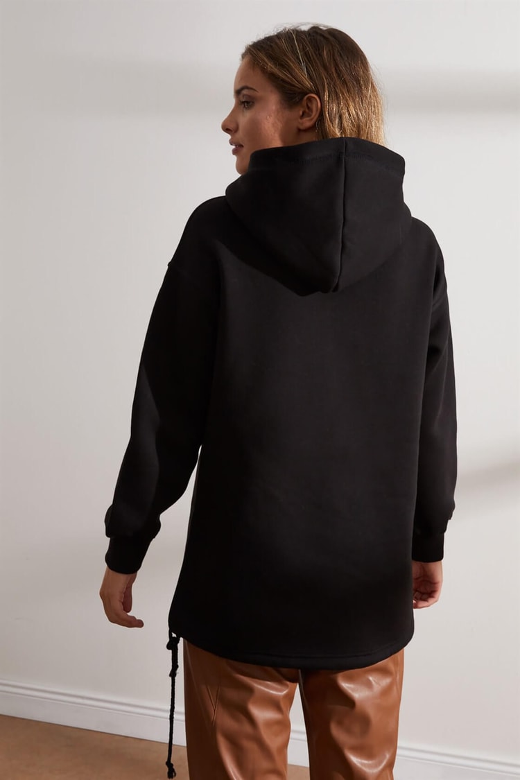 Siyah Kapüşonlu Beli Bağcıklı SweatshirtST050W7208901