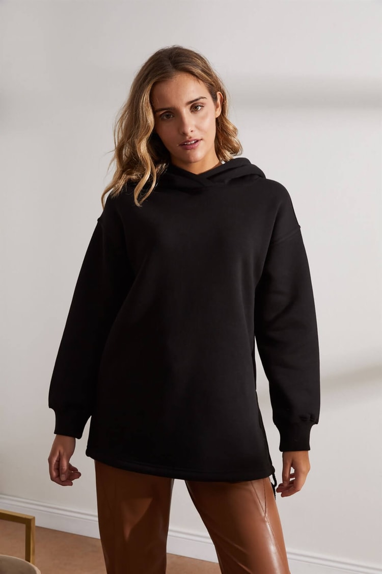 Siyah Kapüşonlu Beli Bağcıklı SweatshirtST050W7208901