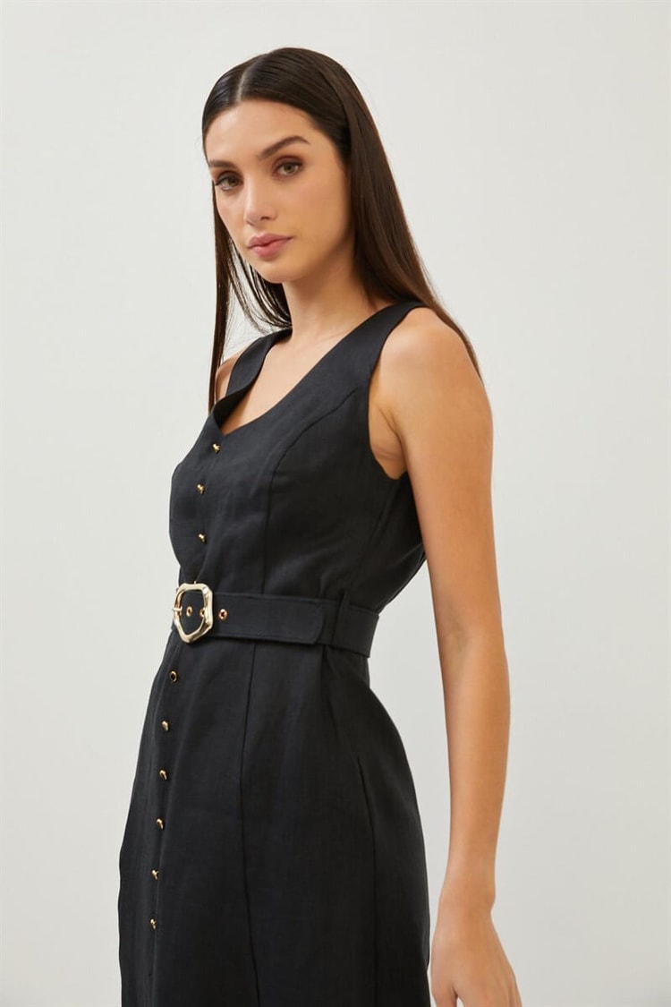 Siyah Kemerli Düğme Detaylı Midi Boy ElbiseST070S40149801