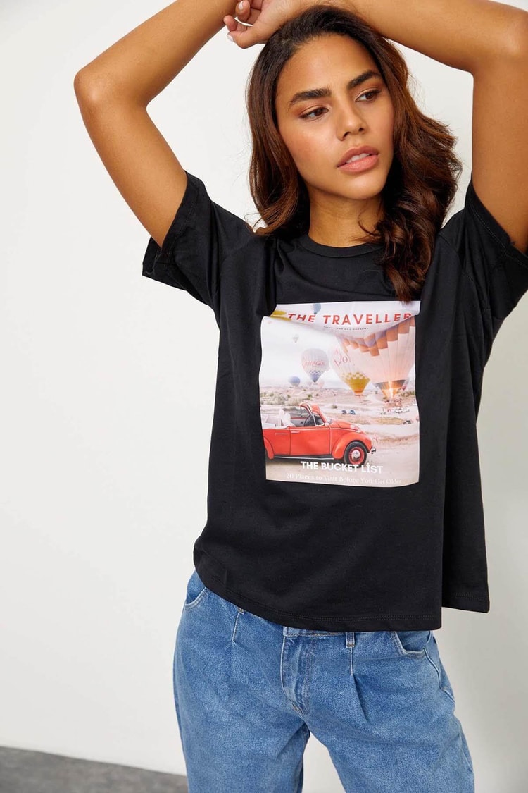 Siyah Kısa Kol Baskılı T-ShirtST060S71243007