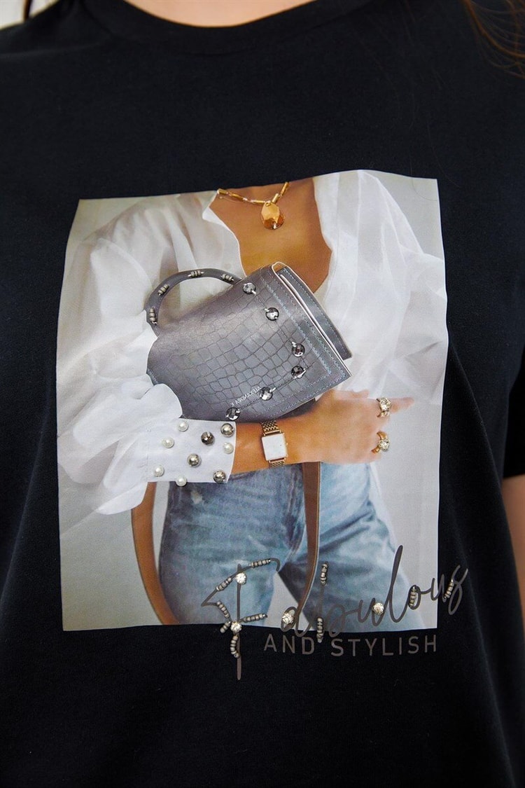 Siyah Kısa Kol Baskılı T-ShirtST060S71190020