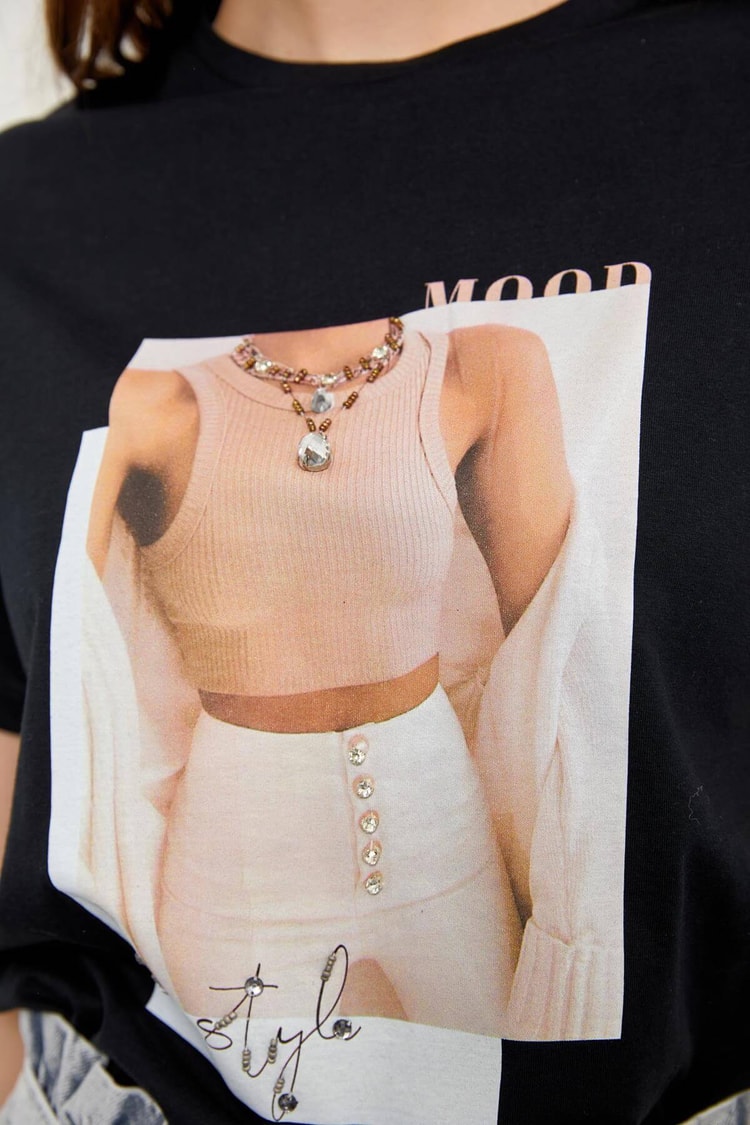 Siyah Kısa Kol Baskılı T-ShirtST060S71223001