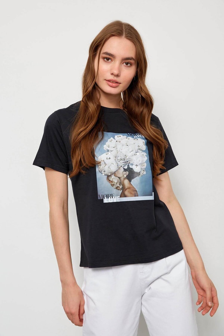 Siyah Kısa Kol Baskılı T-ShirtST060S71228003