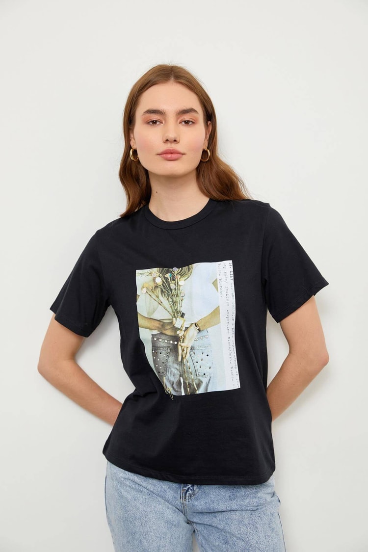 Siyah Kısa Kol Baskılı T-ShirtST060S71223003