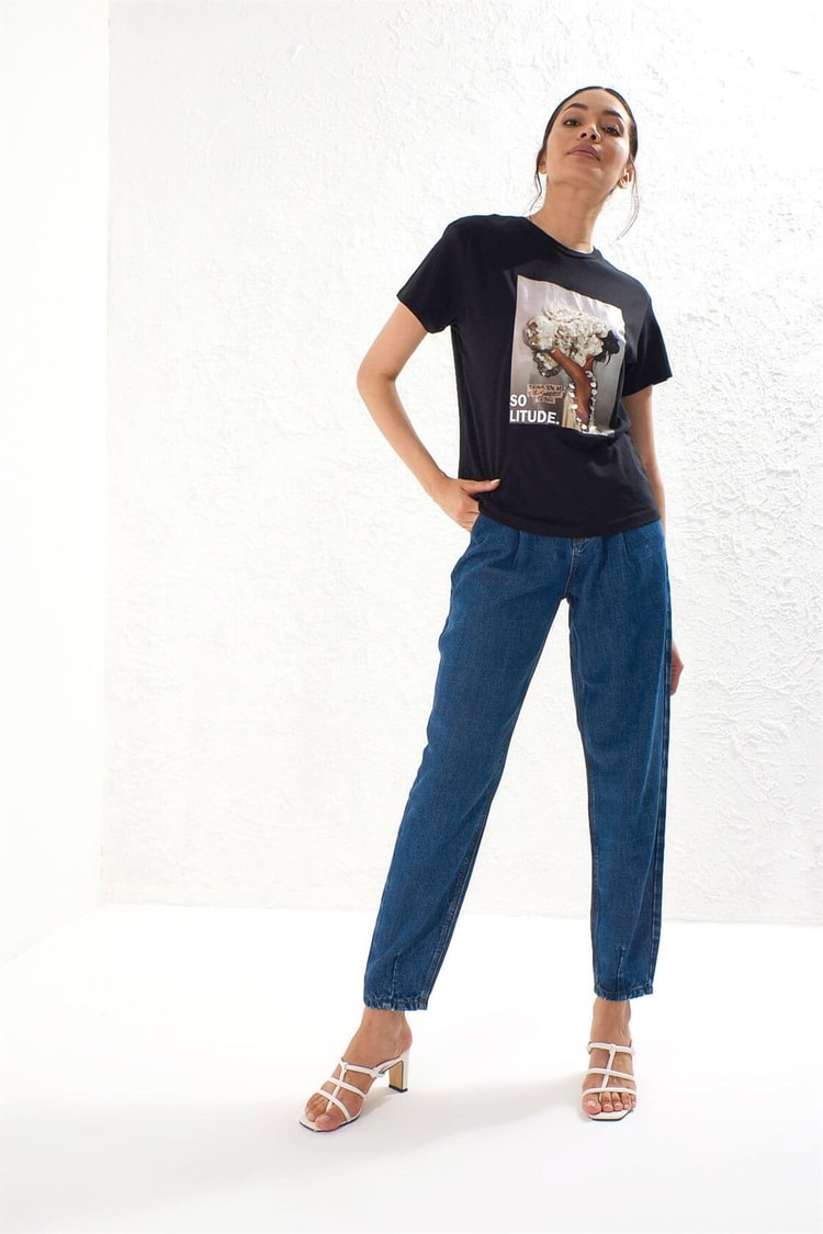 Siyah Kısa Kol Bisiklet Yaka Baskılı T-ShirtST050S7112803