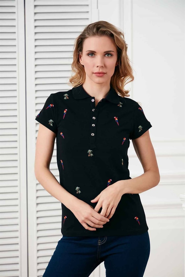 Siyah Kol Nakışlı Polo Yaka T-ShirtST050S7110801