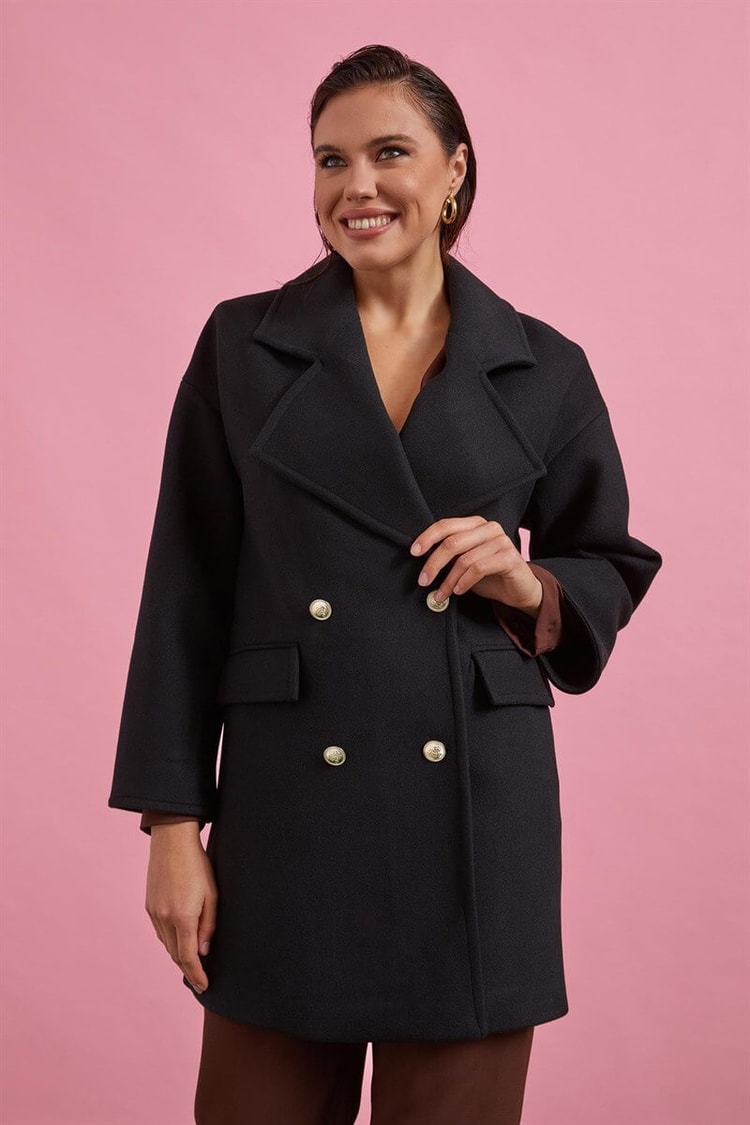 Siyah Kruvaze Oversize Kaşe KabanST060W64135002