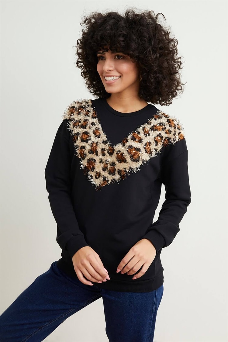 Siyah Leopar Detaylı S-ShirtST050W7205001