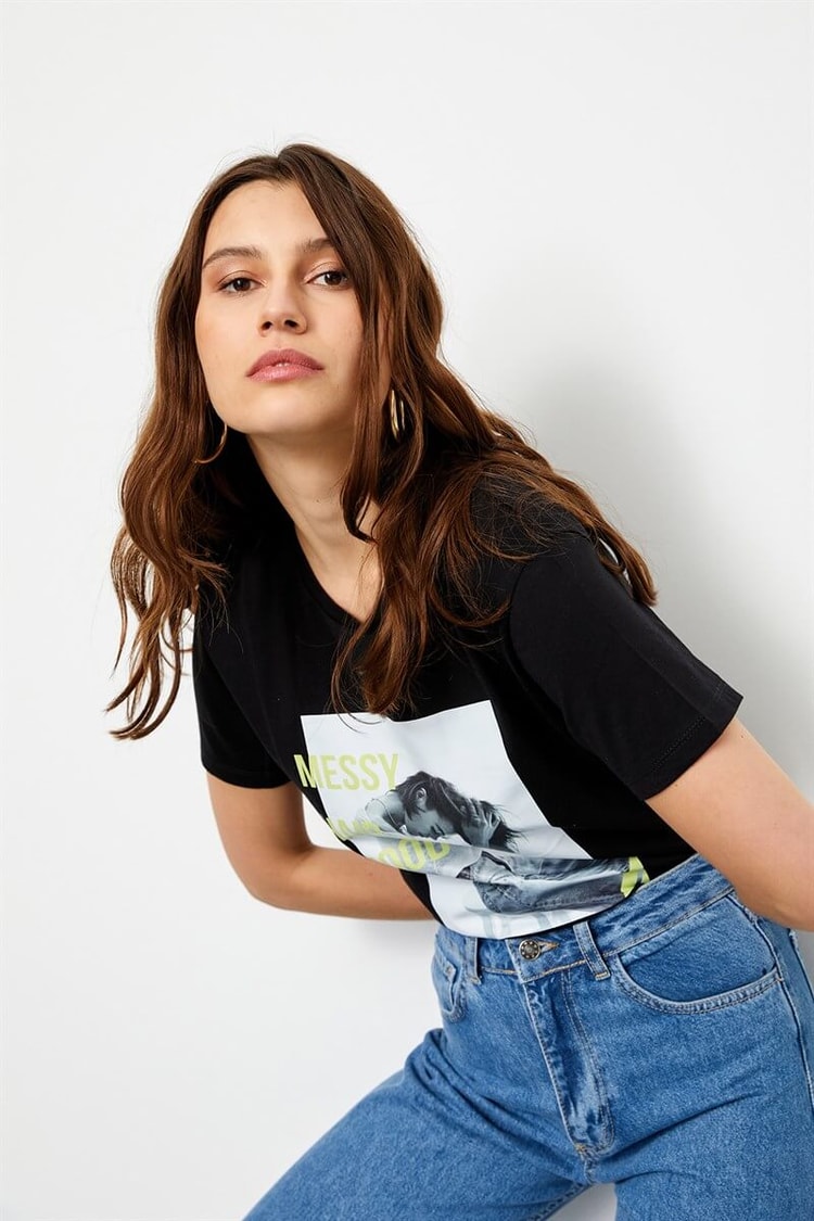 Siyah Messy Hair Mood Kısa Kol T-ShirtST060S7115901